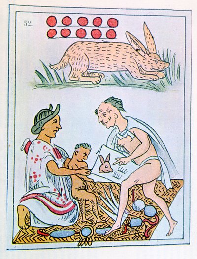 Facsimile of a Page of a Historical Florentine Codex Depicting a Mother Listening Predictions About Her Son, Born on 10 Rabbit by Spanish Colonial
